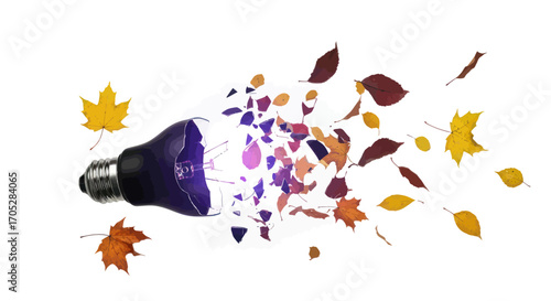 Innovative autumnal design concept: a shattered light bulb releasing colorful falling leaves