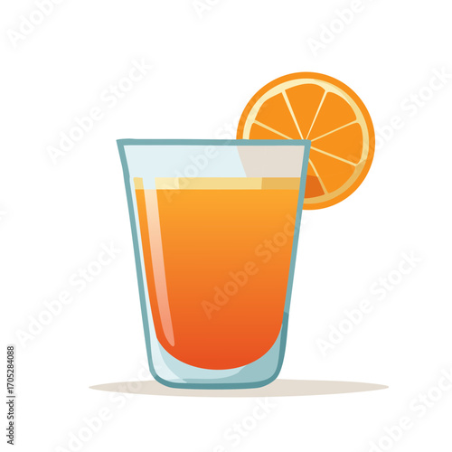 Refreshing orange juice in a clear glass with citrus fruit slice illustration