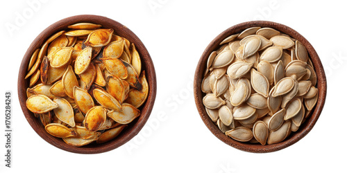 Pumpkin Seeds: An inviting close-up of two bowls filled with delicious pumpkin seeds, highlighting both roasted and natural varieties.