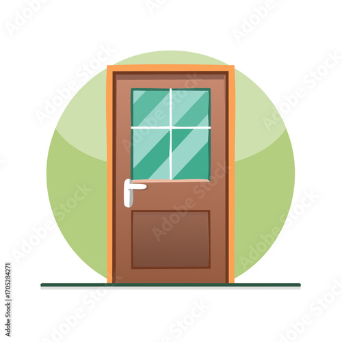 Illustration of a Brown Door with a Window on a Light Green Background