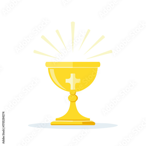 Radiant golden chalice with Christian cross icon. Sacred Eucharist communion cup symbol for faith.