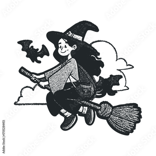 A young witch on a broomstick with bats.