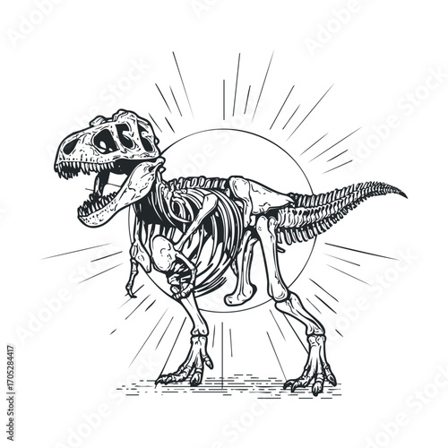 A dinosaur skeleton with sun rays behind it.