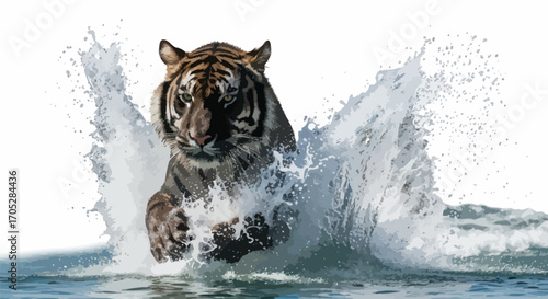 Majestic tiger leaps powerfully through water creating a dramatic splash effect illustration