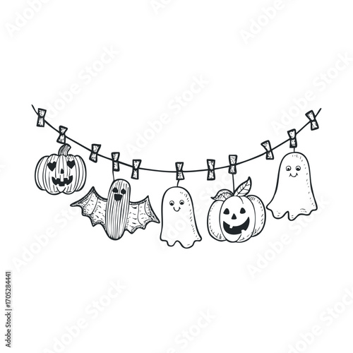 Halloween doodles on a line, including ghosts, bats, and pumpkins.