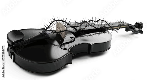 Melancholy melody: a black violin enshrouded in thorns creating a dark atmosphere