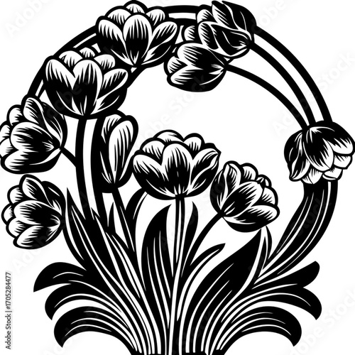 Minimilist monochrome floral arrangement featuring tulips within a circular frame design element illustration vector