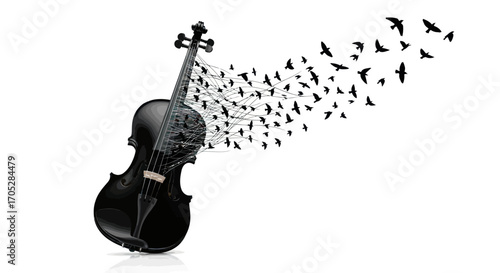 Melody of freedom: a violin transforms into a flock of birds in a surreal composition