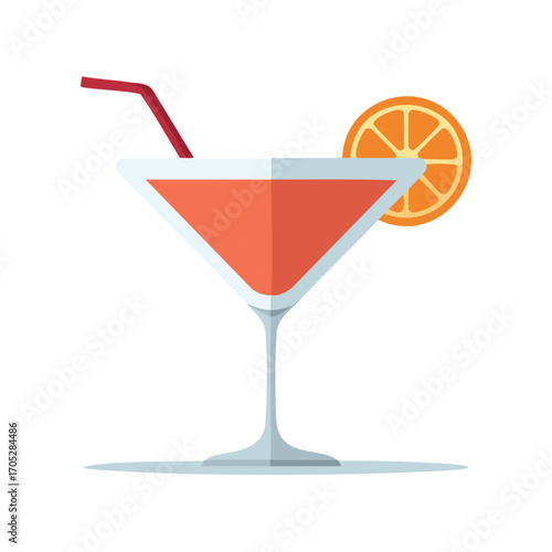 Refreshing flat design cocktail illustration in a martini glass with orange slice and red straw