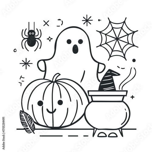 A collection of simple spooky doodles, including a pumpkin, ghost, and cauldron.
