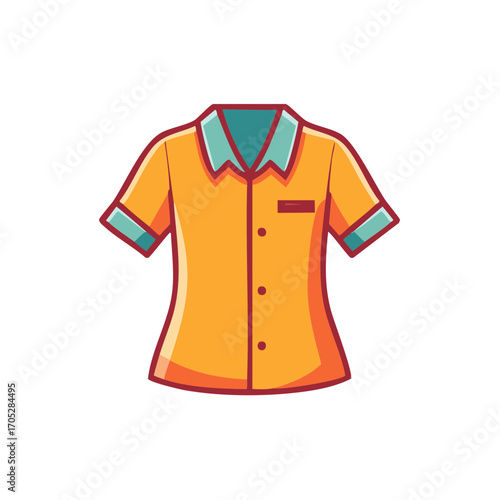 Cartoon illustration of an orange button-up short-sleeved shirt with a teal collar.