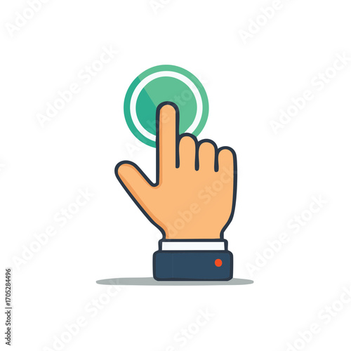 Fingertip pressing a green circle button symbol representing activation or selection