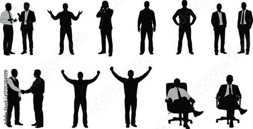 Businessmen silhouettes standing, shaking hands, celebrating success, talking on phone, sitting on office chairs, professional corporate teamwork vector illustration