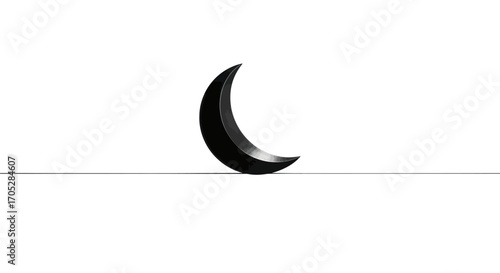 Minimalist moon crescent rendering with a dark finish sitting on a thin black line