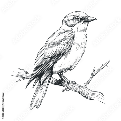 A detailed ink drawing of a bird on a branch.