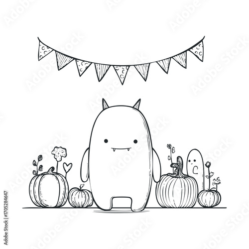 A cute monster stands with pumpkins and a ghost.