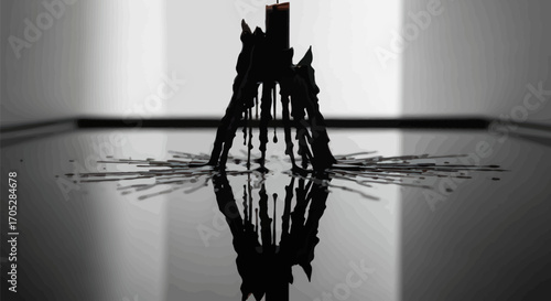 Monochromatic candle creation reflecting on glossy surface casting abstract patterns around it