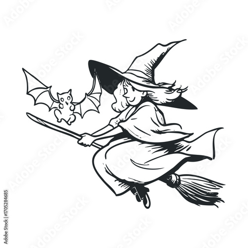 A cute witch on a broomstick with a bat.