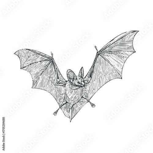 A detailed sketch of a bat in flight.