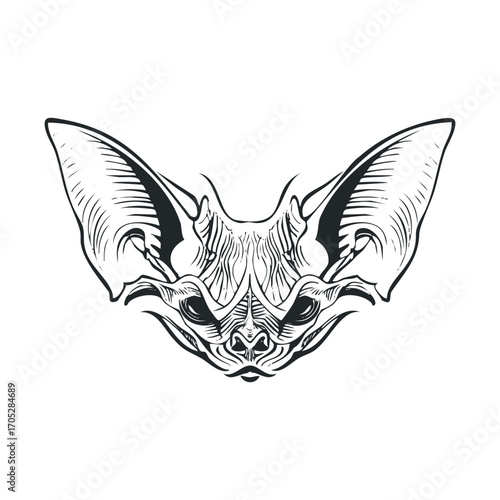 A black and white line drawing of a spooky bat's face.