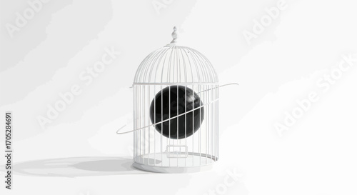 Monochromatic birdcage holding a dark sphere within its white wire frame isolated