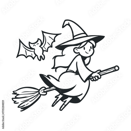 A cute witch on a broomstick with a bat.