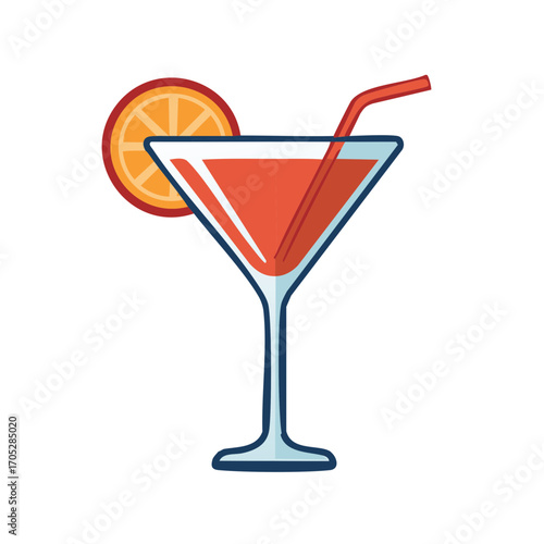 Classic red cocktail in a martini glass with an orange slice and straw vector illustration