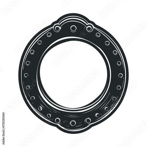 A stylized drawing of a circular frame with rivets.