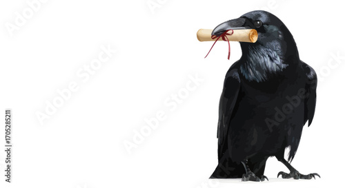 Mysterious raven bearing a cryptic scroll with vintage charm conveying a significant message