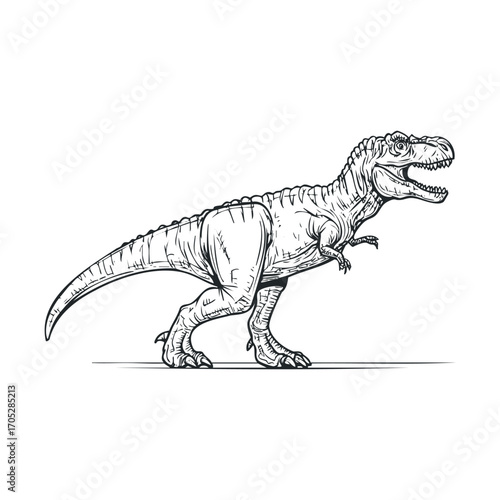 A black and white line drawing of a realistic dinosaur.