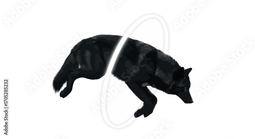 Mystical dark wolf emerging through a portal on a clean white background for fantasy and ethereal