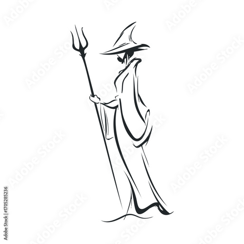 A stylized black and white drawing of a robed figure.