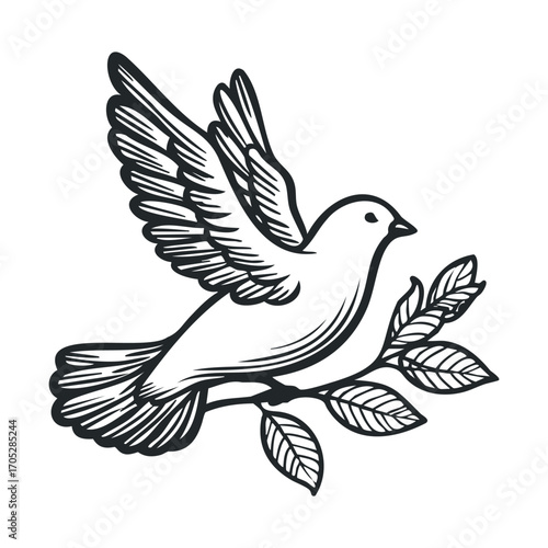 A black and white line drawing of a flying bird.