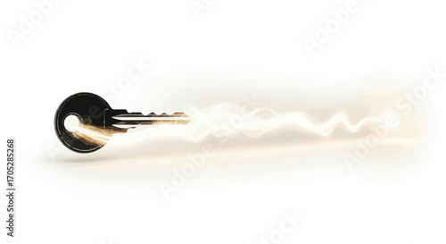 Mystical key with radiant energy trail offering opportunity and access to unlocking potential