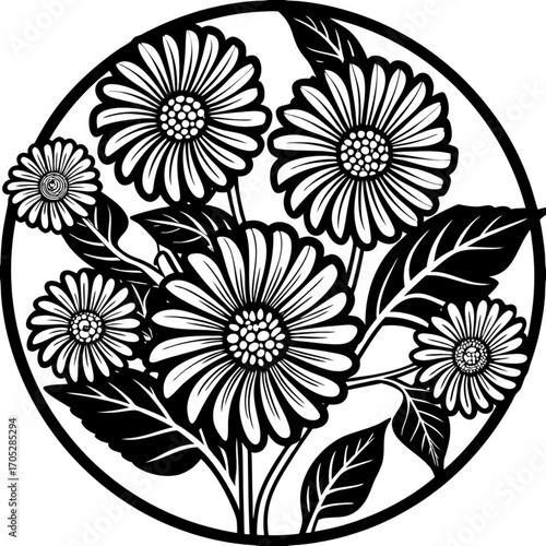 Minimilist black and white floral arrangement featuring daisies and leaves within a circular border design element vector