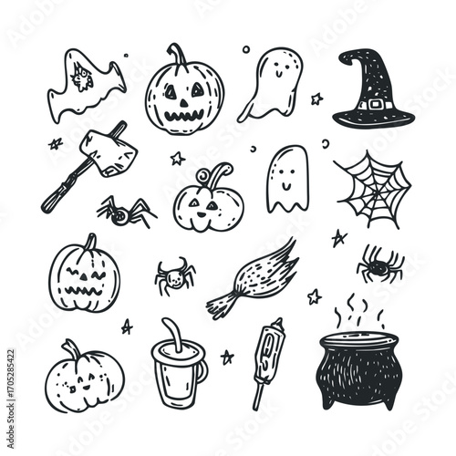 A black and white line drawing of Halloween doodles.