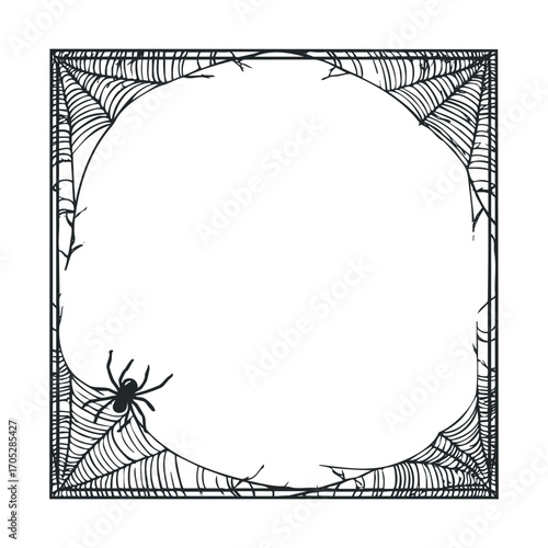 A black and white line drawing of a spiderweb frame.