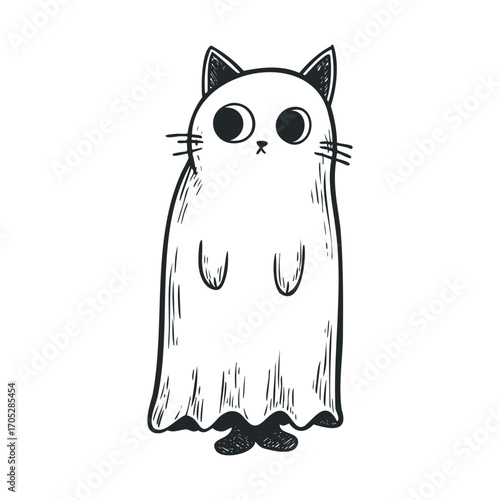A black and white line drawing of a cat ghost.