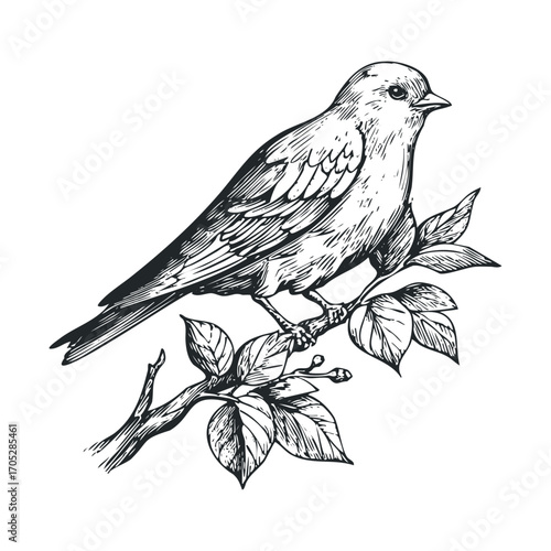 A black and white line drawing of a small bird.