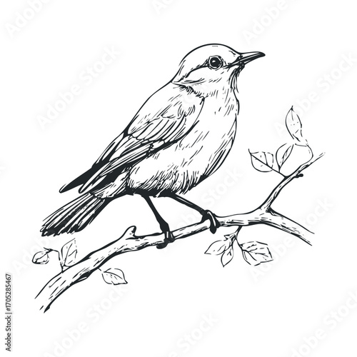 A line drawing of a small bird on a branch.