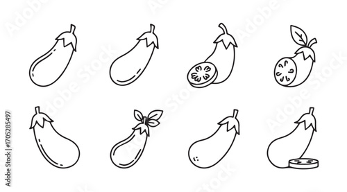 Collection of hand drawn eggplant illustrations in a sketchy silhouette style
