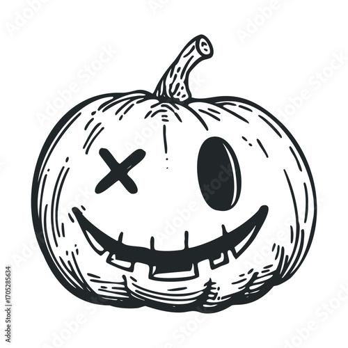 A black and white line drawing of a carved pumpkin.