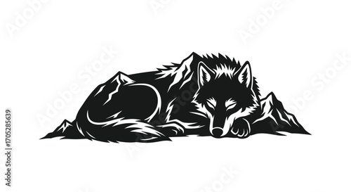 Resting wolf silhouette nestled amongst mountain peaks in monochrome graphic style