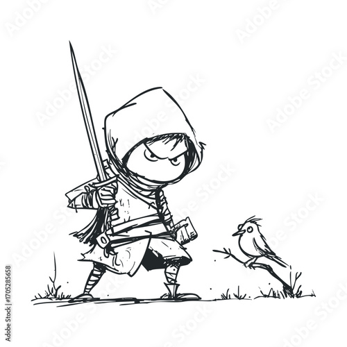 A line drawing of a hooded warrior with a sword.