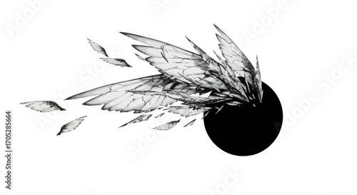 Shattered flight graphic featuring deconstructed wings around a dark orb concept