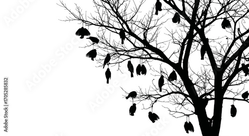 Silhouette of tree with many black birds perching, hanging and resting within the leafless
