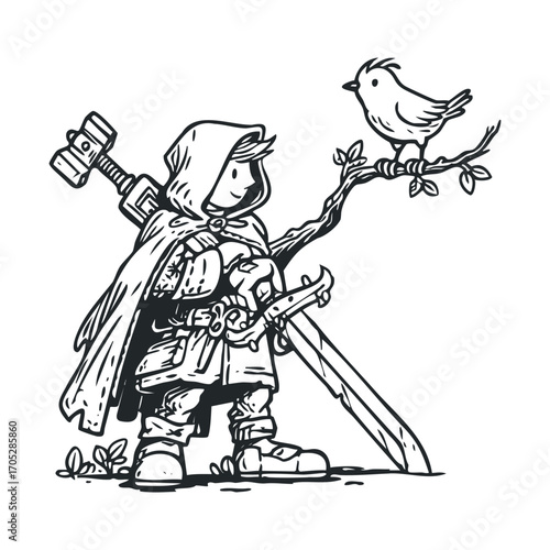 A line drawing of a boy with a sword and a bird.