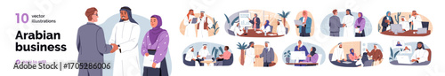 Arabian business people set. Arab Muslim characters in office. Women in hijabs, Arabic men, Saudi and UAE professional teams at work, meetings. Flat vector illustration isolated on white background