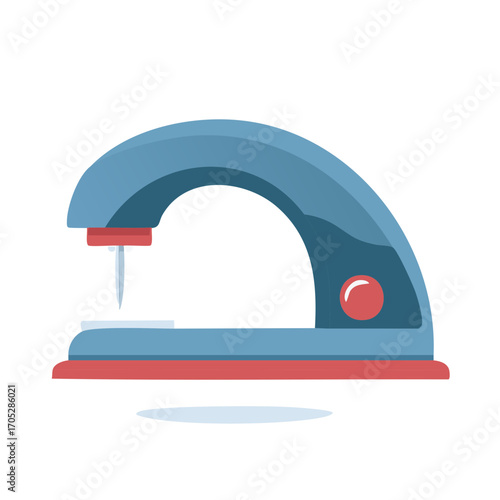 Modern eyelet setting tool vector illustration with blue arched body and red details for crafting projects