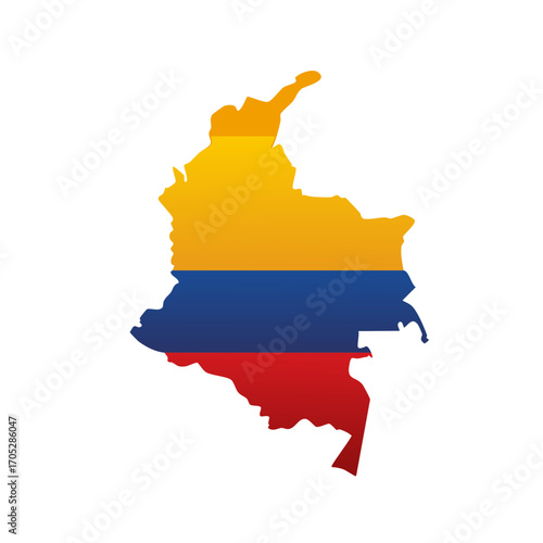 Outline map of Colombia filled with the national flag colors yellow blue and red
